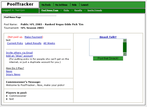 Pool Home Page (Prior to Paying)